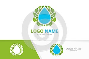 Waterdrop and leaves logo combination. Green spa logotype design template.