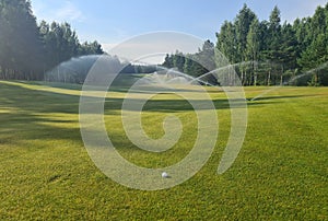 Watered device watered grass golf course and white golf ball