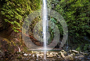 Waterfal at levada walk 25 fountains, Madeira island photo