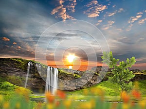 Waterfal mountain  and   tree on  field  at countryside , sea sunset wild flowers on field  water sunlight reflection nature lands