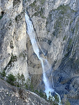 Waterfall on the Alpine stream Schaftobelbach or Schaftobel waterfall (Schaftobelfall oder Schaftobelbach Wasserfall)