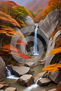 a waterfall around it and a landscape of autumn leaves gen ai