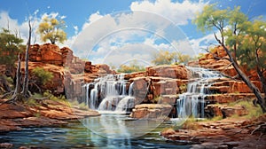 Waterfall Of Australia: Uhd Oil Painting Of Australian Wilderness Landscape