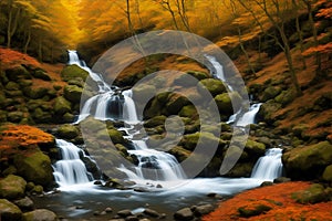 Waterfall in the autumn beech forest in the mountains