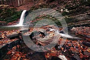 Waterfall in autumn forest, amazing panoramic nature autumn scenery.