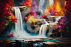 Waterfall in autumn forest. Digital painting. Colorful autumn landscape, A cascade of abstract colors mimicking a