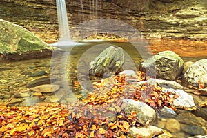 Waterfall. Autumn. Forest. Leaves. Water. Stone