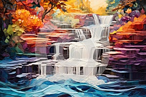 Waterfall in the autumn forest. Watercolor painting on canvas, A cascade of abstract colors mimicking a waterfall's