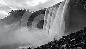 Waterfall Black and White Landscape, Dramatic Scenery