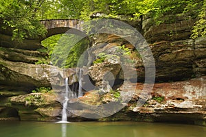 Waterfall and bridge in Hocking Hills State Park, Ohio, USA