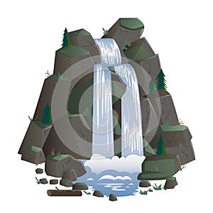 Waterfall. Cartoon landscapes with mountains and fir trees.