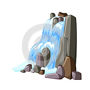 Waterfall cascade in rocks. Water splashing down with foam. Vector illustration of falling river