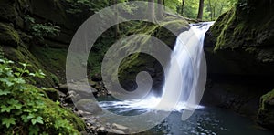 Waterfall cascade in a rocky cliffside with moss and lichen, #rockycliffside, #forestbeauty