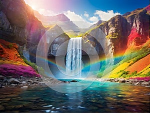 Waterfall cascades as rainbow decorates sky, flowers bloom in foreground