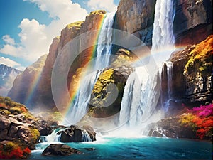 Waterfall cascades as rainbow decorates sky, flowers bloom in foreground