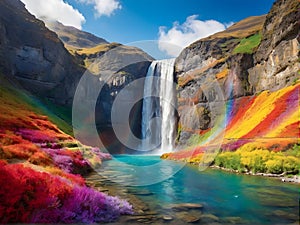 Waterfall cascades as rainbow decorates sky, flowers bloom in foreground