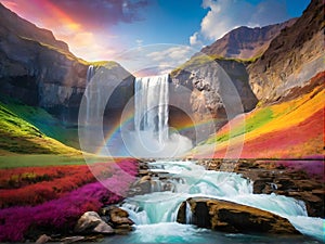 Waterfall cascades as rainbow decorates sky, flowers bloom in foreground