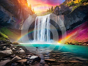 Waterfall cascades as rainbow decorates sky, flowers bloom in foreground