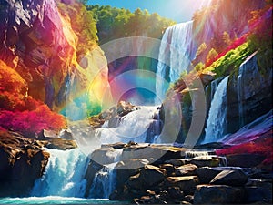 Waterfall cascades as rainbow decorates sky, flowers bloom in foreground