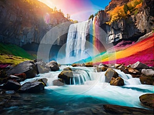 Waterfall cascades as rainbow decorates sky, flowers bloom in foreground