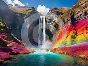 Waterfall cascades as rainbow decorates sky, flowers bloom in foreground