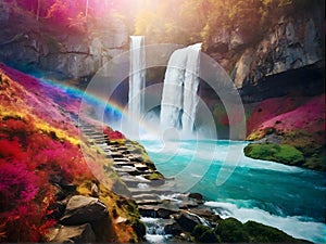 Waterfall cascades as rainbow decorates sky, flowers bloom in foreground