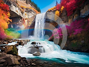 Waterfall cascades as rainbow decorates sky, flowers bloom in foreground