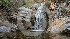 A waterfall cascades down a rocky cliff creating a tranquil oasis in the midst of the arid desert photo