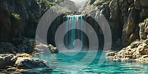 A waterfall cascades down a rocky cliff into a serene turquoise pool