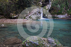 Waterfall cascades in the lake of San Benedetto near Subiaco photo