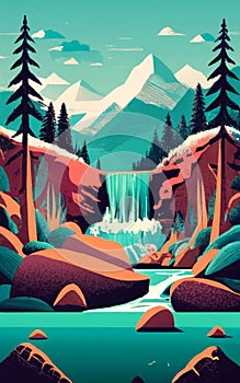 Waterfall cascading into a crystal-clear mountain lake. illustration