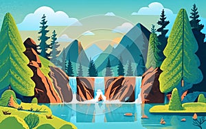 Waterfall cascading into a crystal-clear mountain lake. illustration