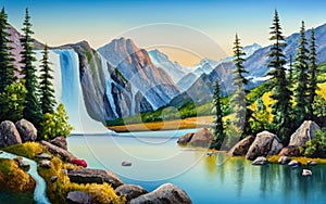 Waterfall cascading into a crystal-clear mountain lake., Painting