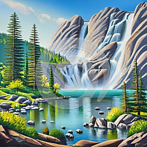 Waterfall cascading into a crystal-clear mountain lake., Painting