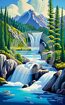 Waterfall cascading into a crystal-clear mountain lake., Painting