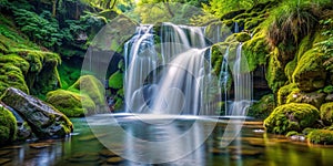 A waterfall cascading down moss covered rocks into a tranquil pool AI-Created Content