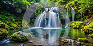 A waterfall cascading down moss covered rocks into a tranquil pool AI-Created Content