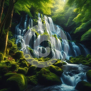 A waterfall cascading down moss-covered rocks in a tranquil woodland setting