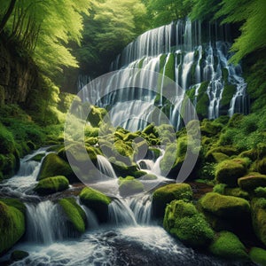 A waterfall cascading down moss-covered rocks in a tranquil woodland setting