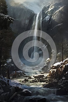 a waterfall cascading down a mountain, surrounded by rocks and trees, under a dark blue sky, ai generative