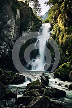 A waterfall cascading down a rocky hillside into the water, AI