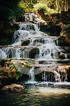 A waterfall cascading down a rocky hillside in the woods, AI