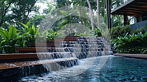 A waterfall cascading down a set of steps into the pool, AI