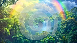 Waterfall cascading in a lush tropical rainforest with rainbow