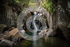 waterfall cascading over jagged rocks, forming a peaceful pool