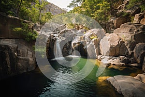 waterfall cascading over jagged rocks, forming a peaceful pool