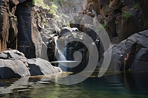 waterfall cascading over jagged rocks, forming a peaceful pool