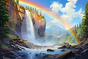 Waterfall cascading over rocky cliffs with a rainbow. Concept of natural wonder, vibrant ecosystem, outdoor adventure