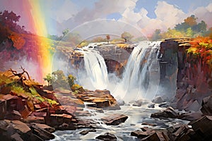 Waterfall cascading over rocky cliffs with a rainbow. Concept of nature's majesty, powerful water flow, rainbow