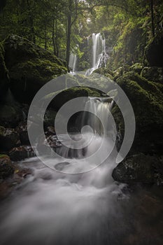 Waterfall cascading through rocks in rainforest